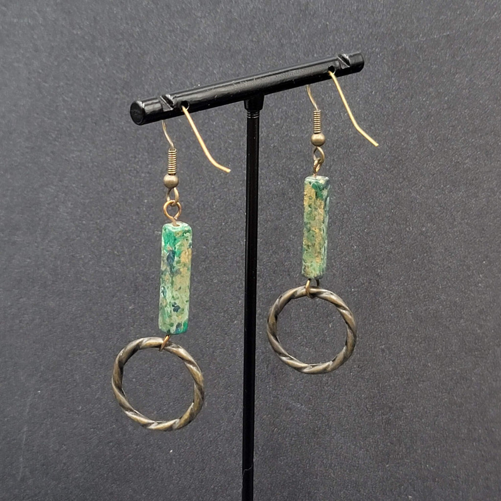 Pierced Earrings Bronze tone Green Stone Dangle 2"