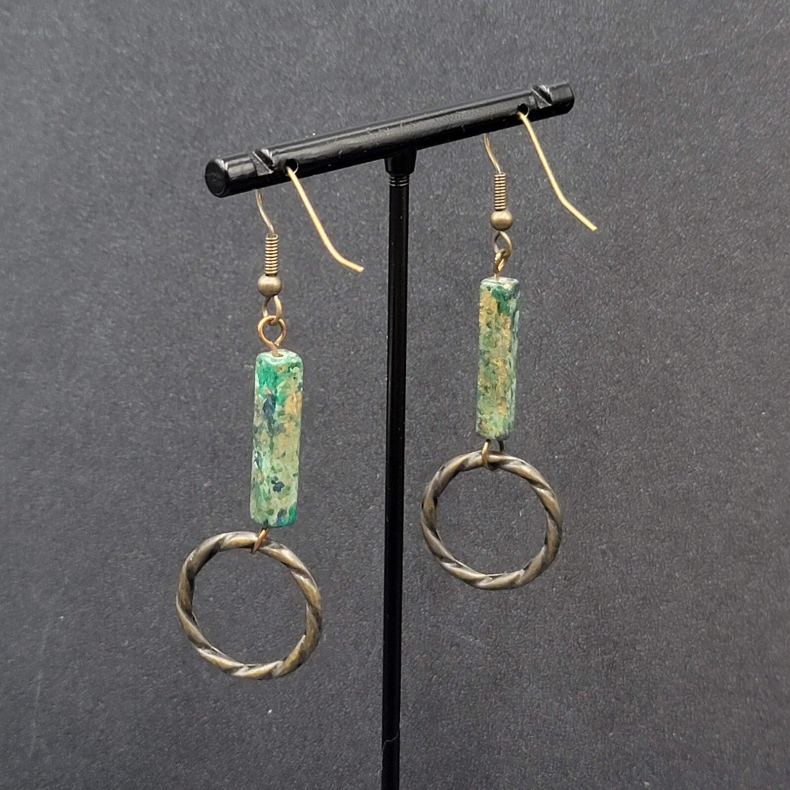 Pierced Earrings Bronze tone Green Stone Dangle 2"