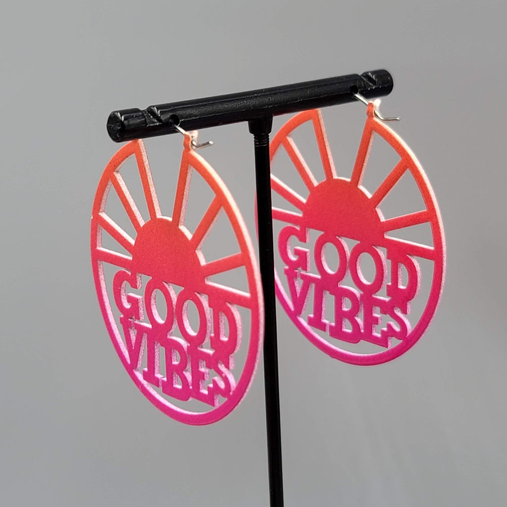 GOOD VIBES Pierced Earrings LARGE Pink Enamel over Metal Hoops 2"