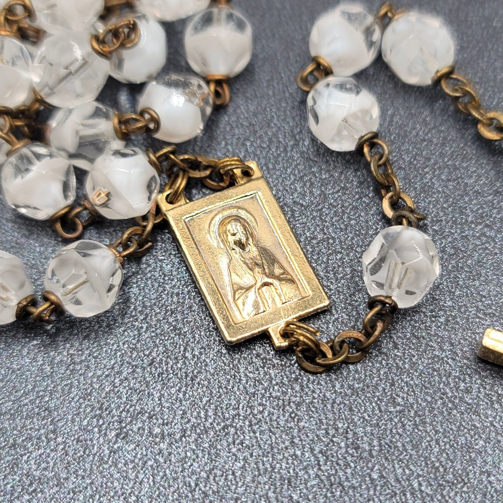 Vintage White Clear Glass Bead Catholic Rosary Crucifix Gold tone