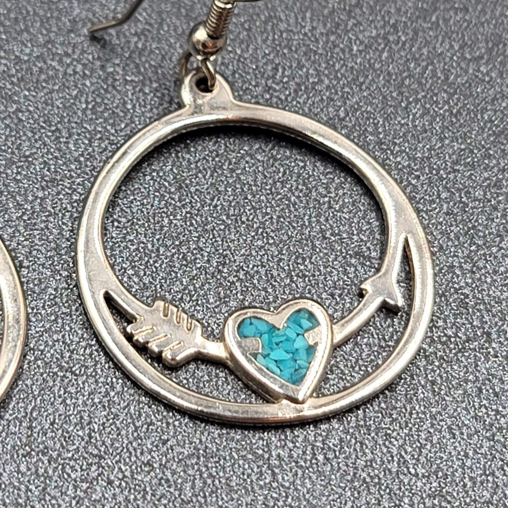 Vtg Pierced Earrings Silver tone Southwest Crushed Turquoise Heart Arrow 1.25"
