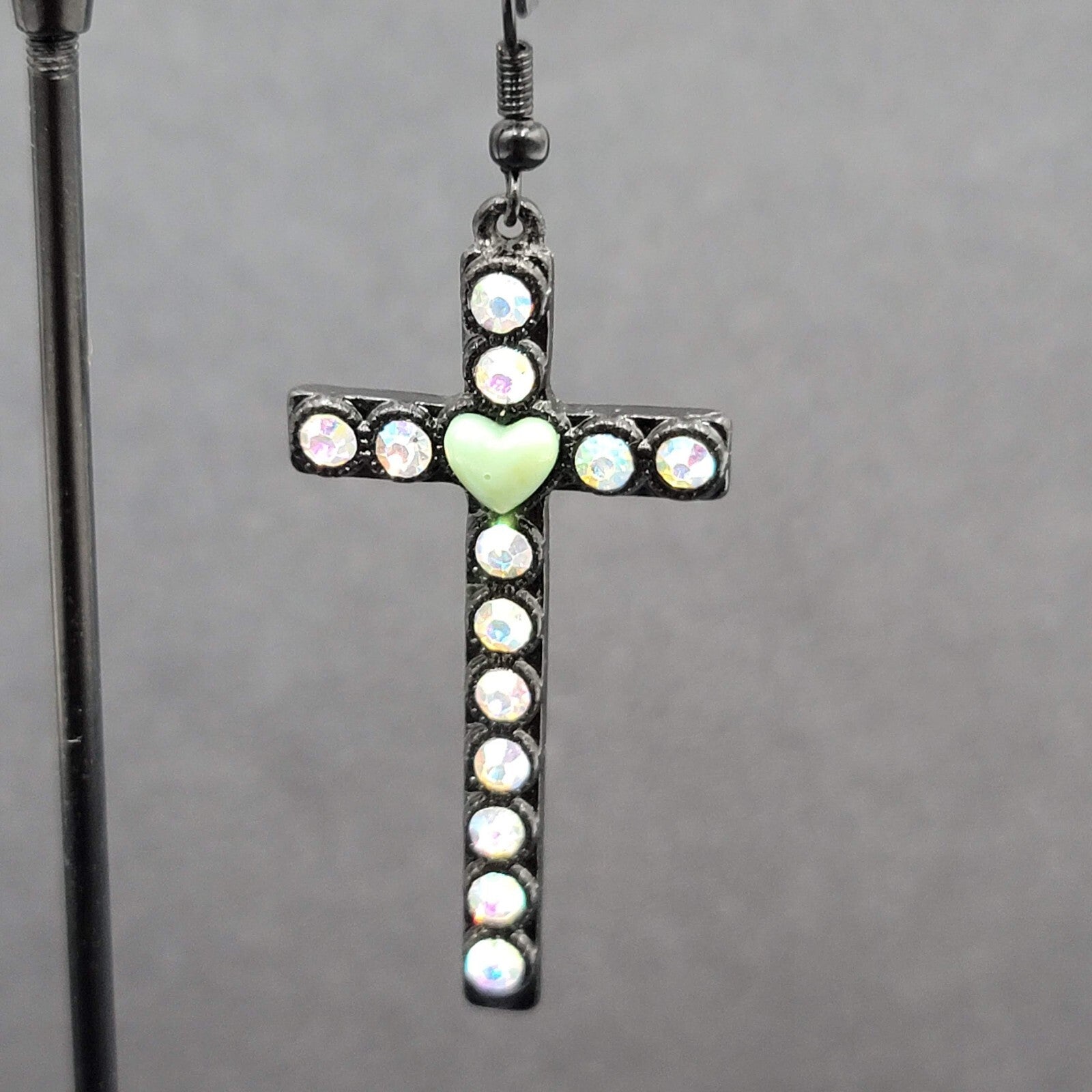 Cross Heart Pierced Earrings Black Metal Enamel AB Rhinestones Dangle 1 7/8"