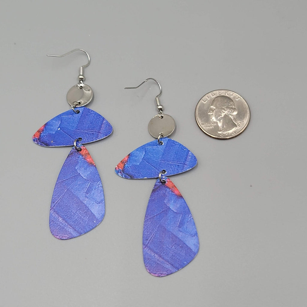 Long Statement Pierced Earrings Silver tone Blue Geometric Statement Dangle 3"