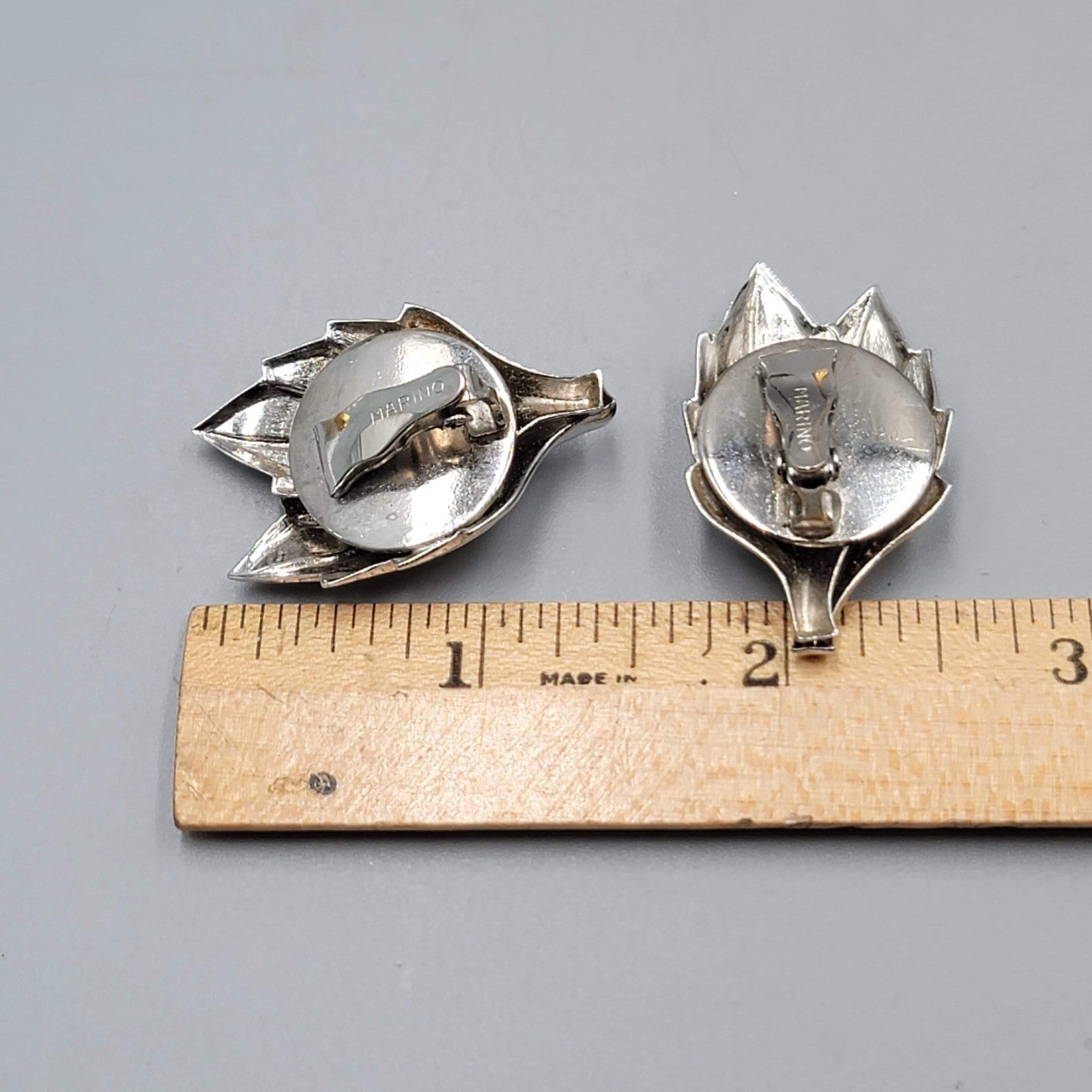 Vintage Marino Clip on Earrings Silver tone Leaf Climber 1 3/8"