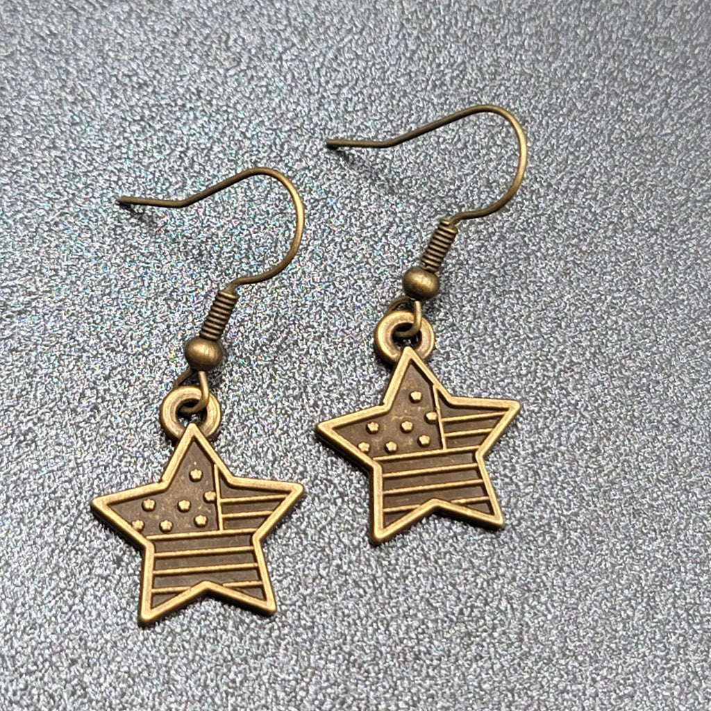 American Flag Pierced Earrings Bronze tone Stars Dangle 3/4"