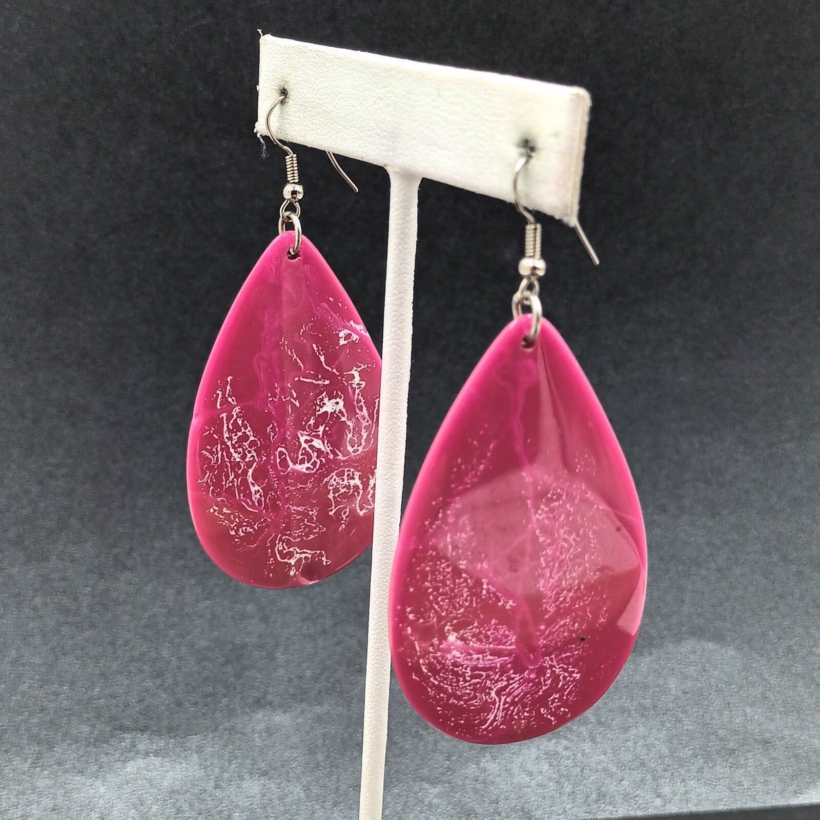 Pierced Earrings Pink Swirl Acrylic Teardrop Silver tone Hook Dangle 2 1/4"