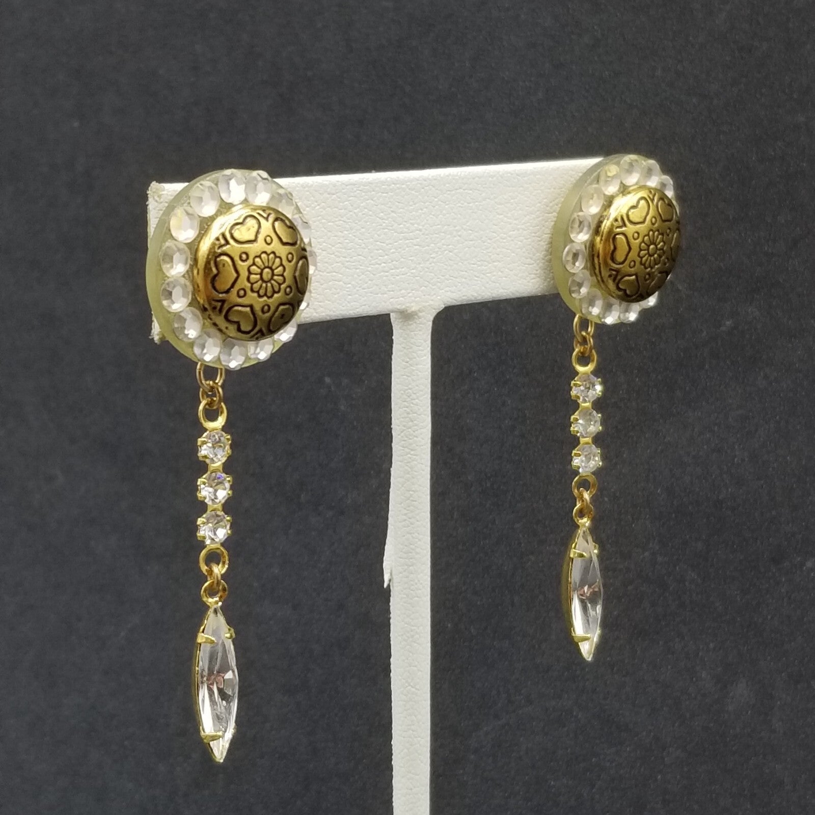 Pierced Earrings Gold tone Heart Flower Button Faceted Crystal Dangle 2 1/4"