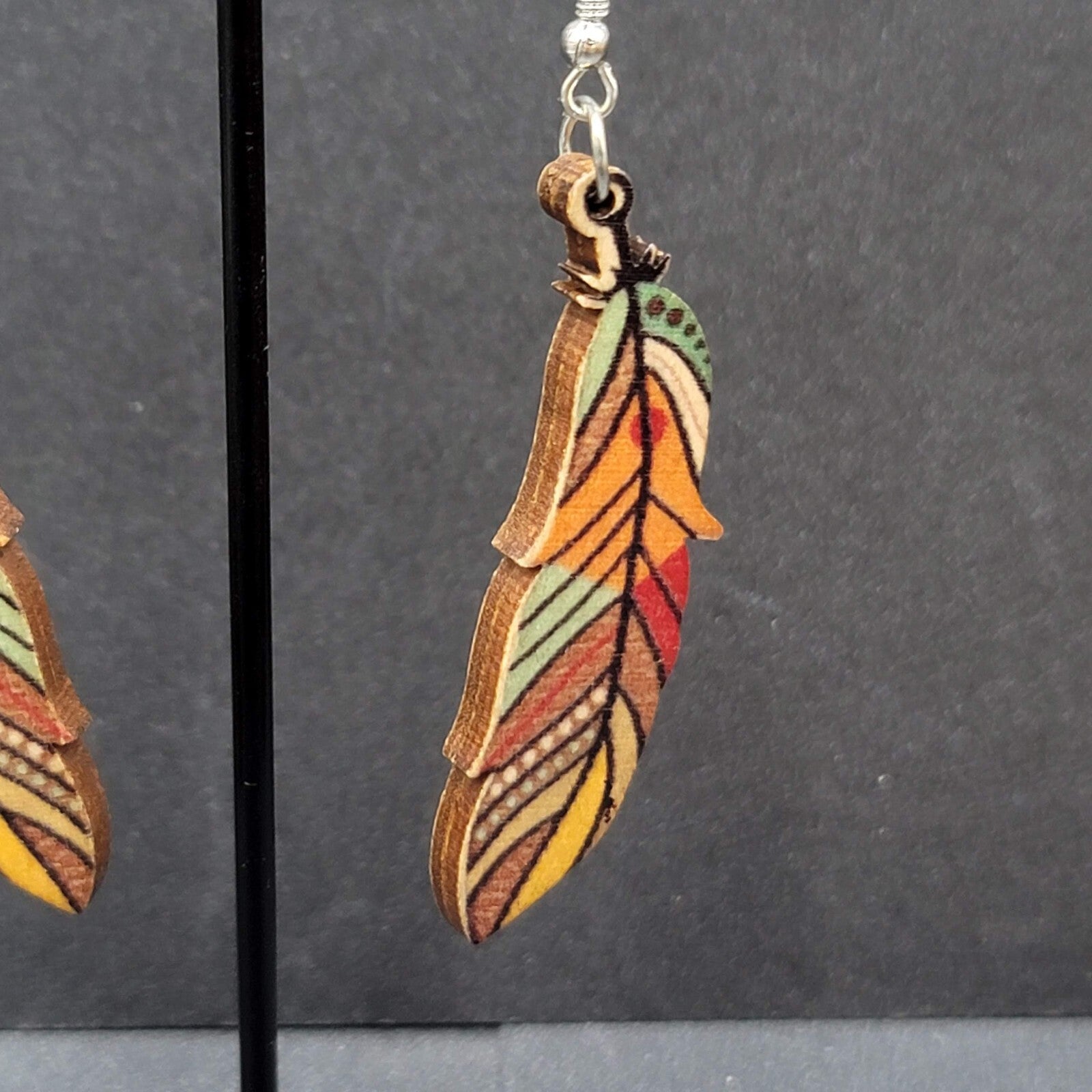 New Boho Pierced Earrings Wood Cut Feather Multicolor Dangle 2"
