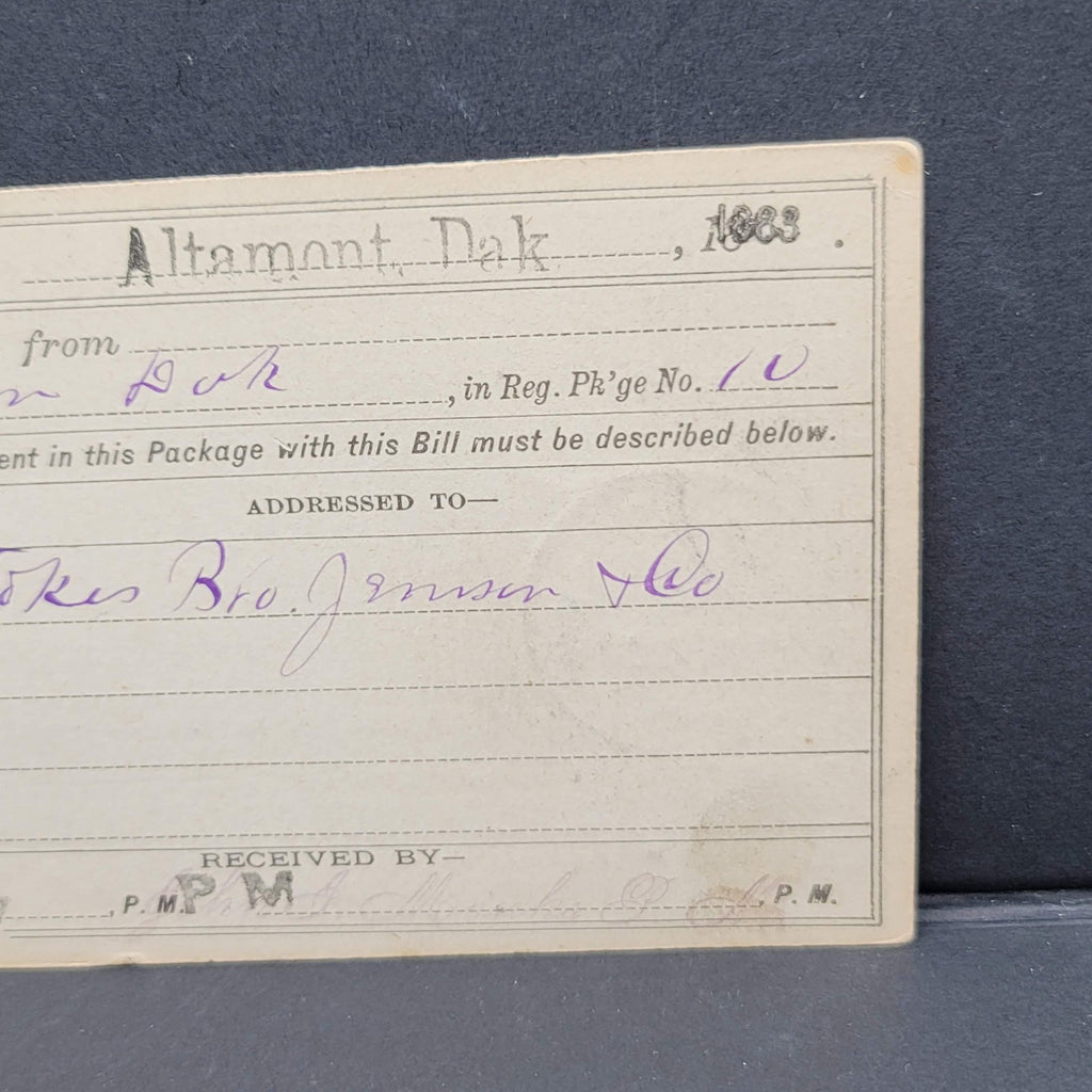 1883 U.S. Post Office Department Registry Bill Postal Card Altamont Dakota Brown