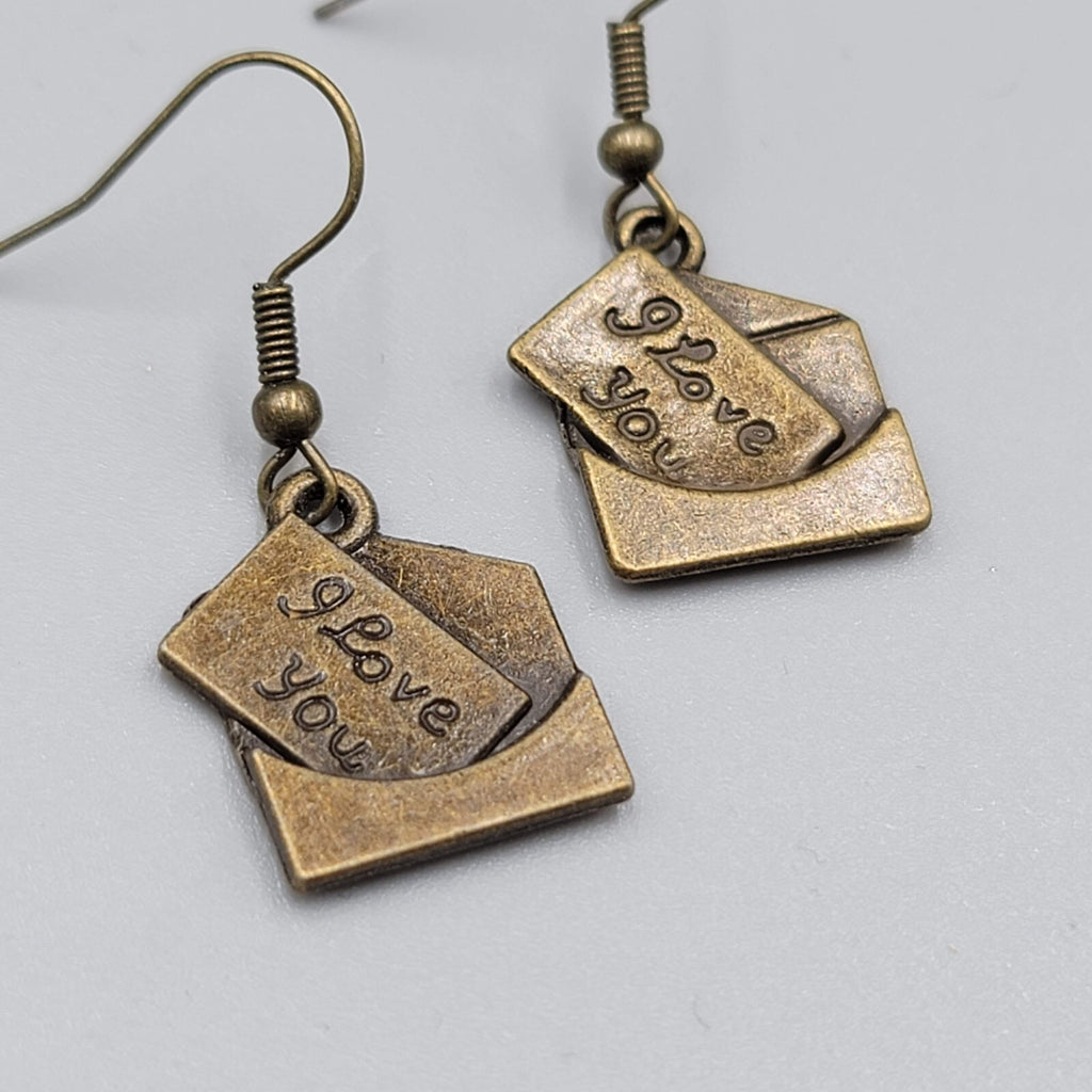 Love Note Pierced Earrings Bronze tone Dangle Embossed 3/4"