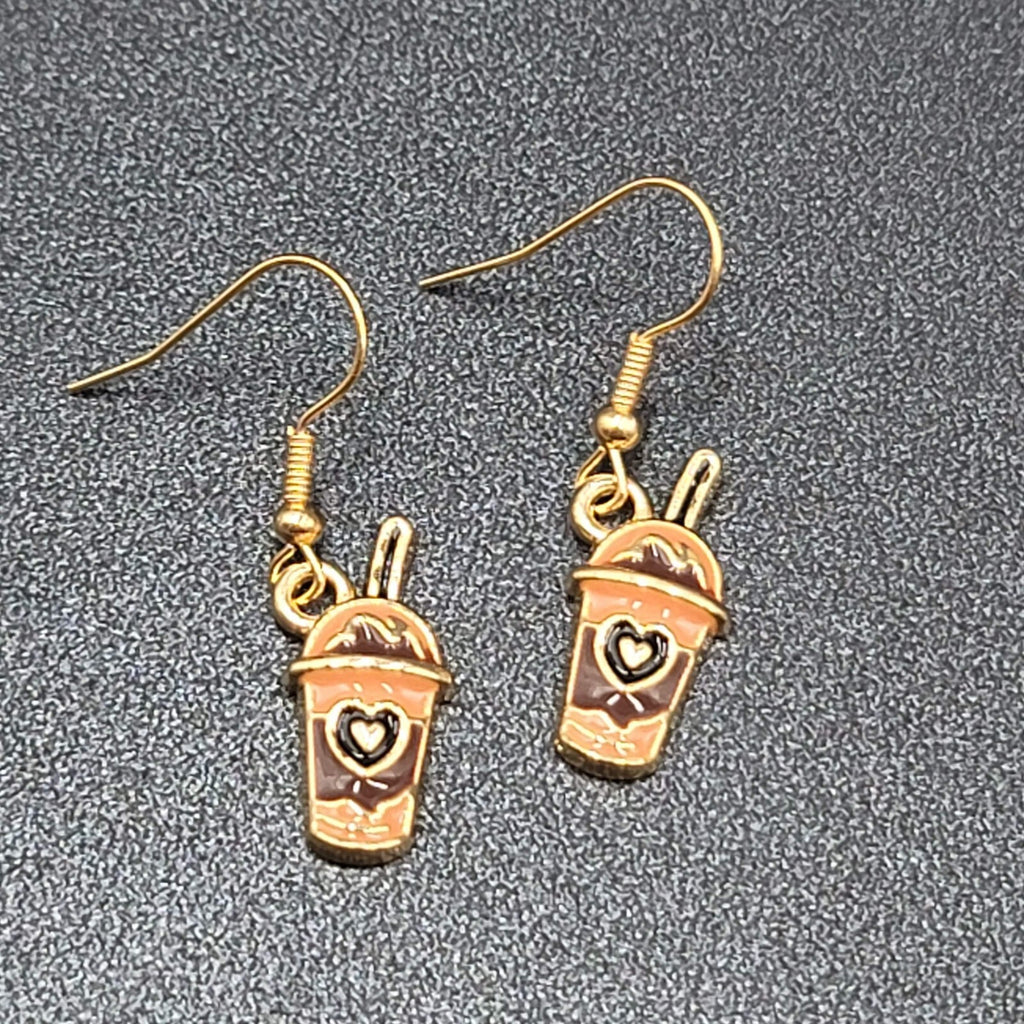 Smoothie Pierced Earrings Shake Coffee Gold tone Dangle Enamel 3/4"