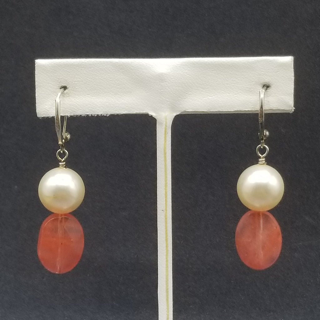 Pierced Earrings Silver tone Faux Pearl Faceted Quartz Beaded Dangle 1 1/4"