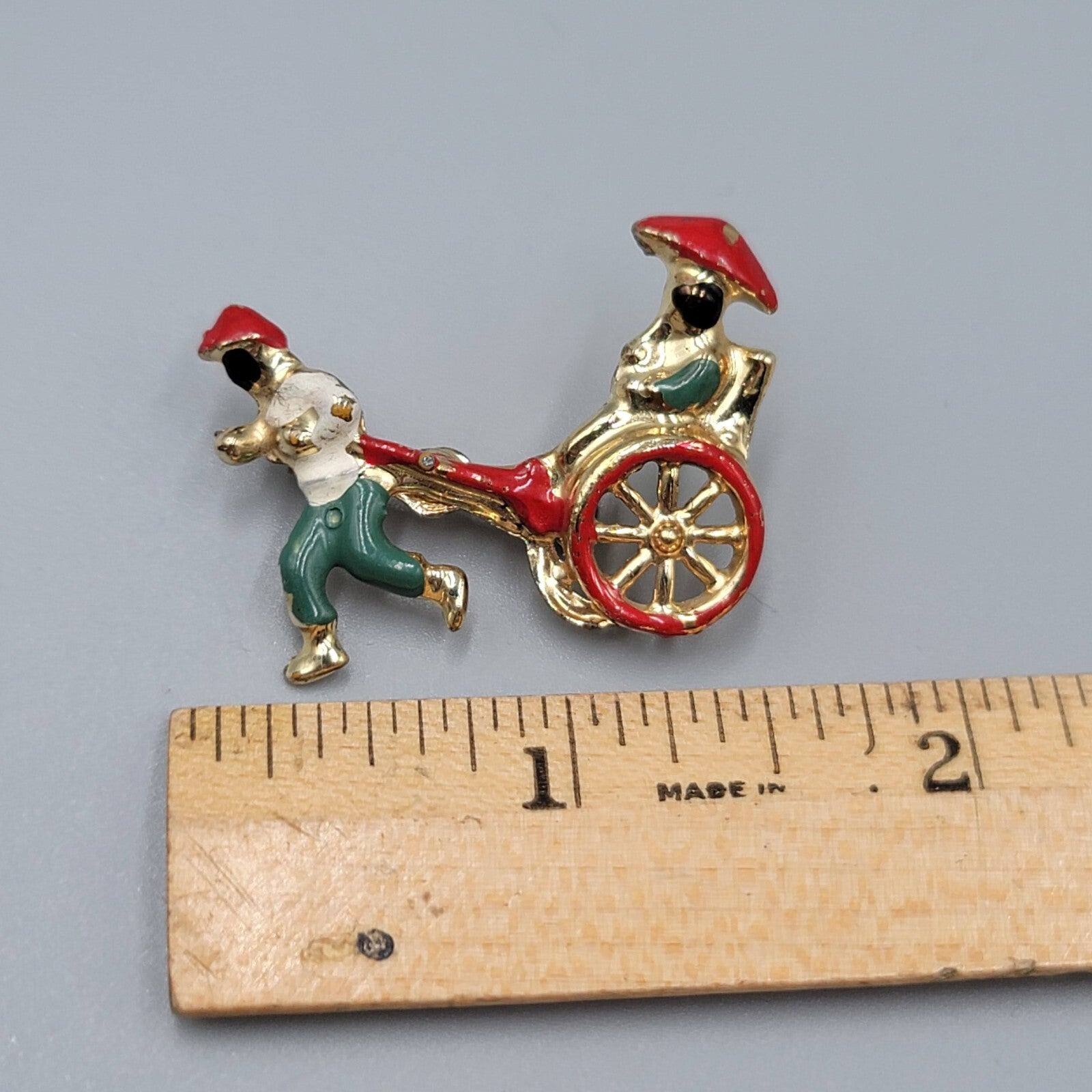 Vintage Brooch Asian Multicolor Enamel Gold Tone Rickshaw 1.5"