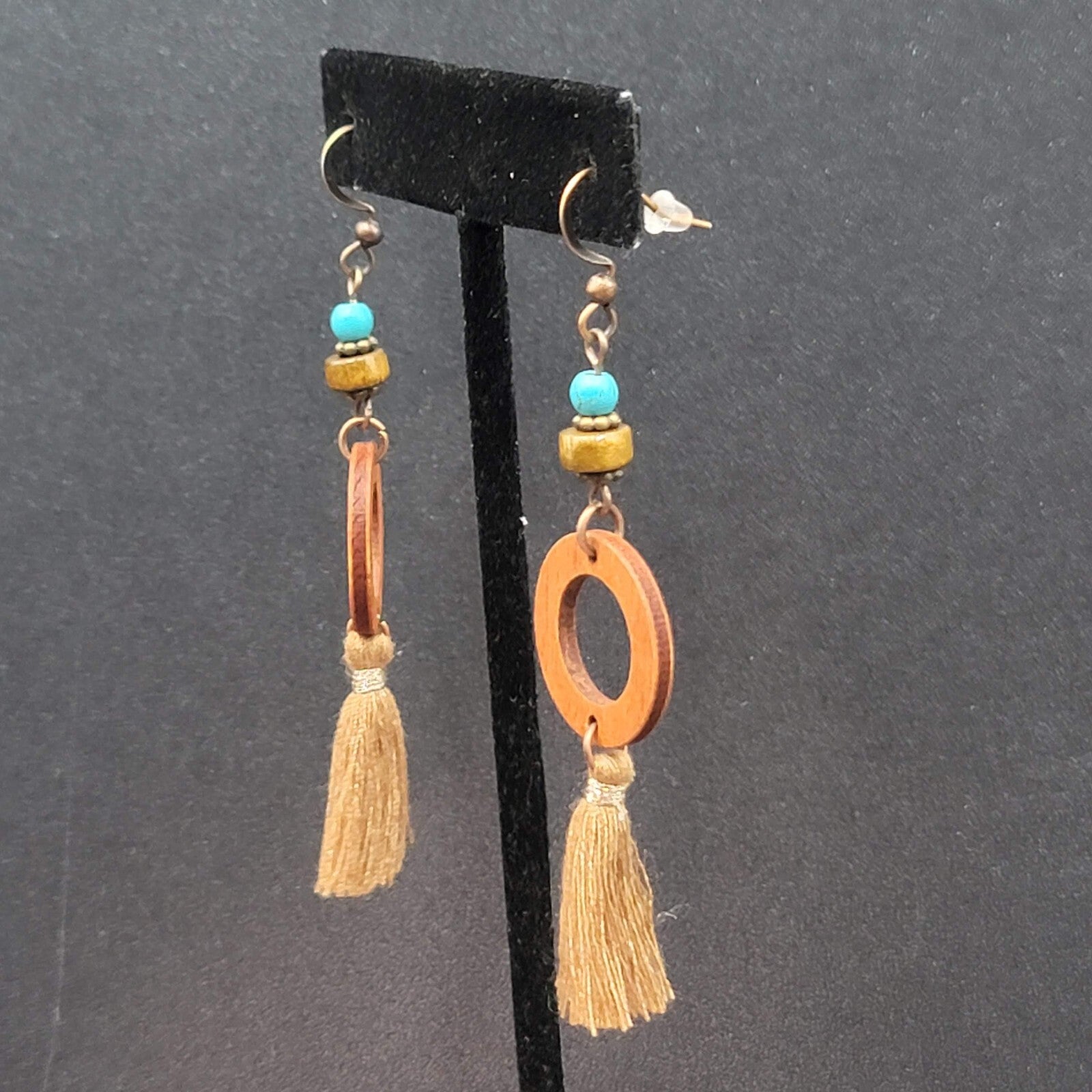 New Boho Pierced Earrings Wood Ring Beaded Gold String Tassel 2.5"