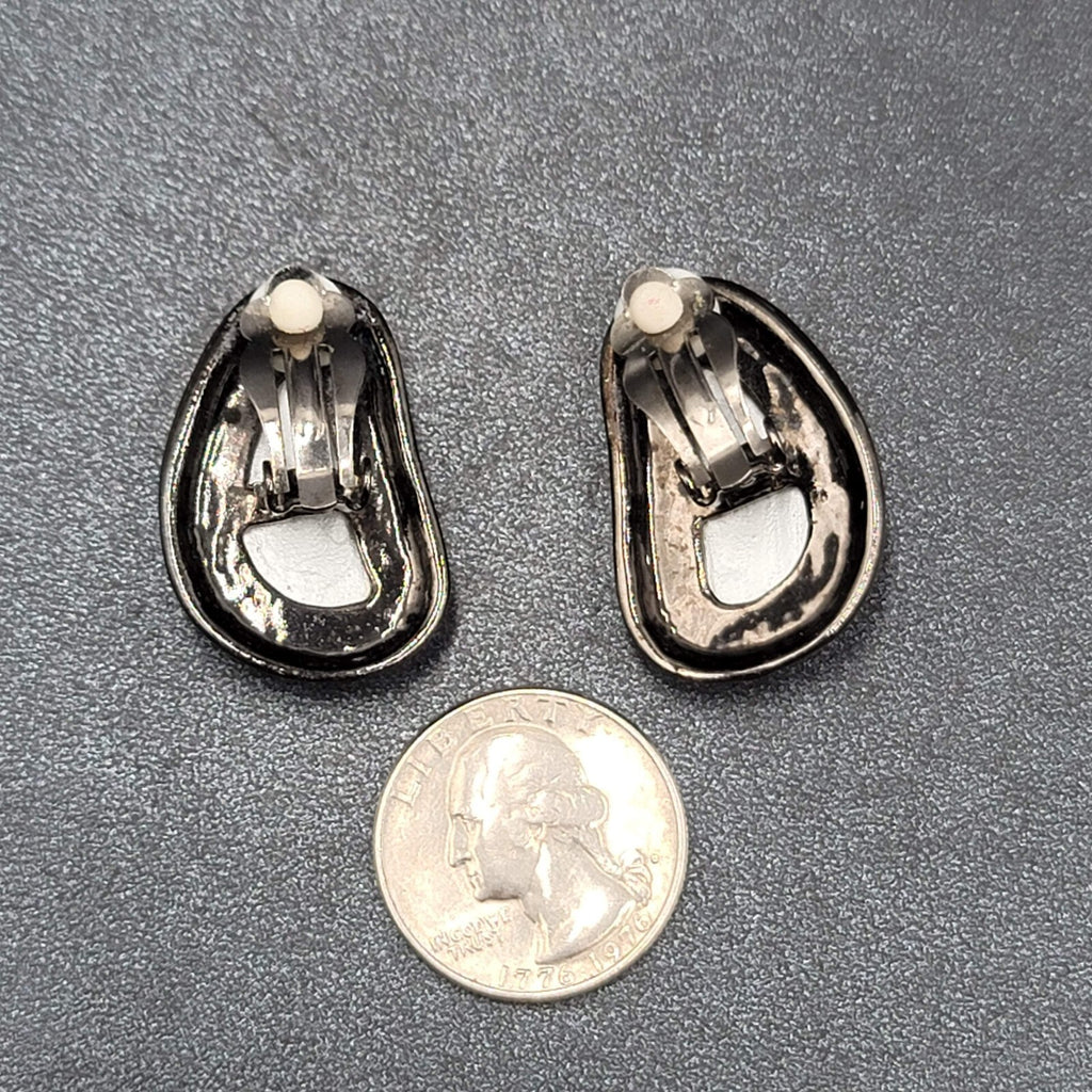 Vintage Clip on Earrings Black Metal Glass Stripes Drop 1 1/4"