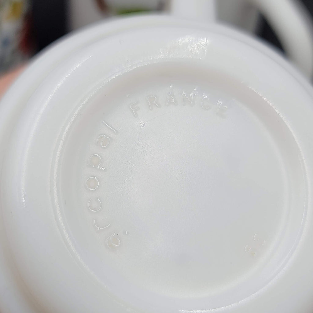 Vtg White Milk Glass Coffee Mugs Made in France Lot of 3 Butterfly Flowers Plant