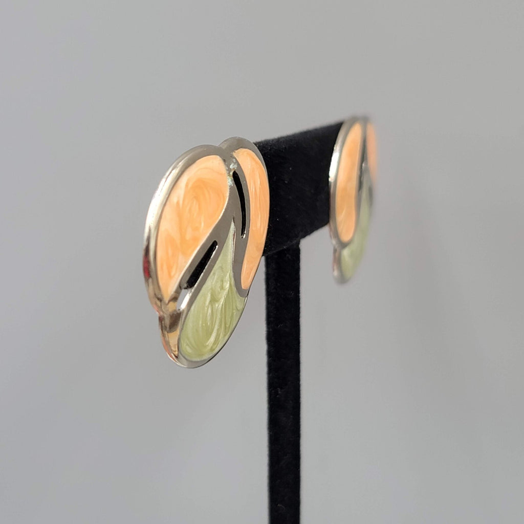 Vintage Pierced Earrings Silver tone Peach Sage Green Enamel Drop 1"