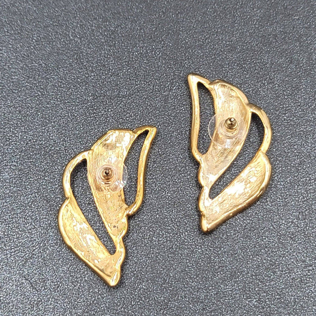 Vintage Pierced Earrings Gold tone Swirl Yellow Enamel Drop Statement 1.75"