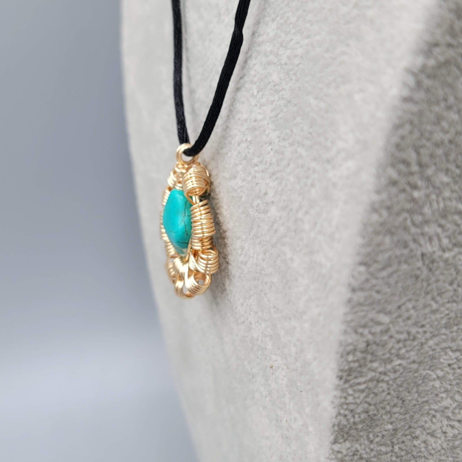 Handmade Wire Wrapped Gold tone Blue Howlite Black Cord 20"
