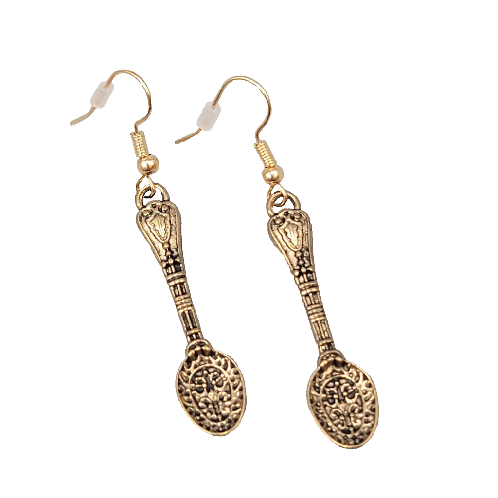 Ornate Spoon Pierced Earrings Dangled Antiqued Gold Tone Embossed 1.5"
