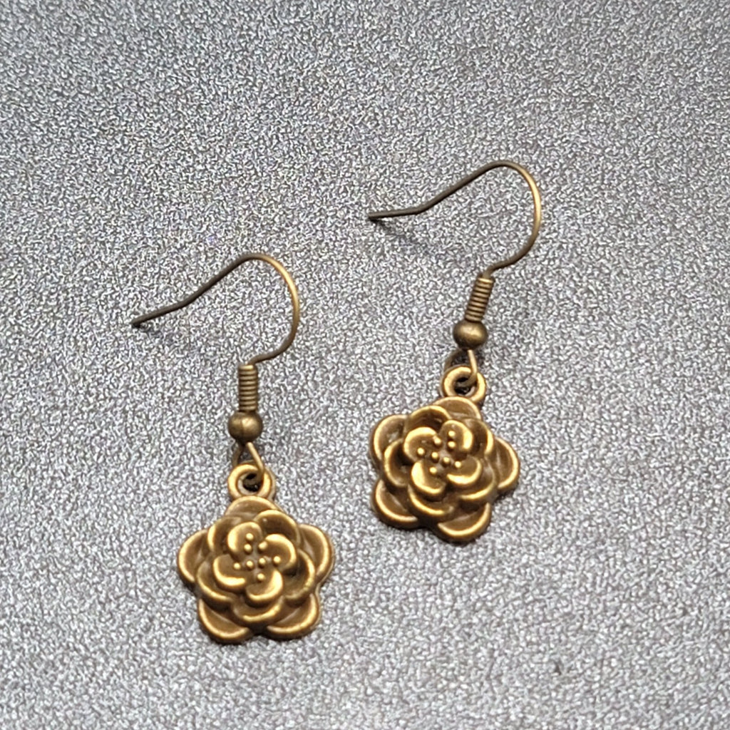 NEW Flower Pierced Earrings Bronze tone Embossed 3D Dangle 5/8"