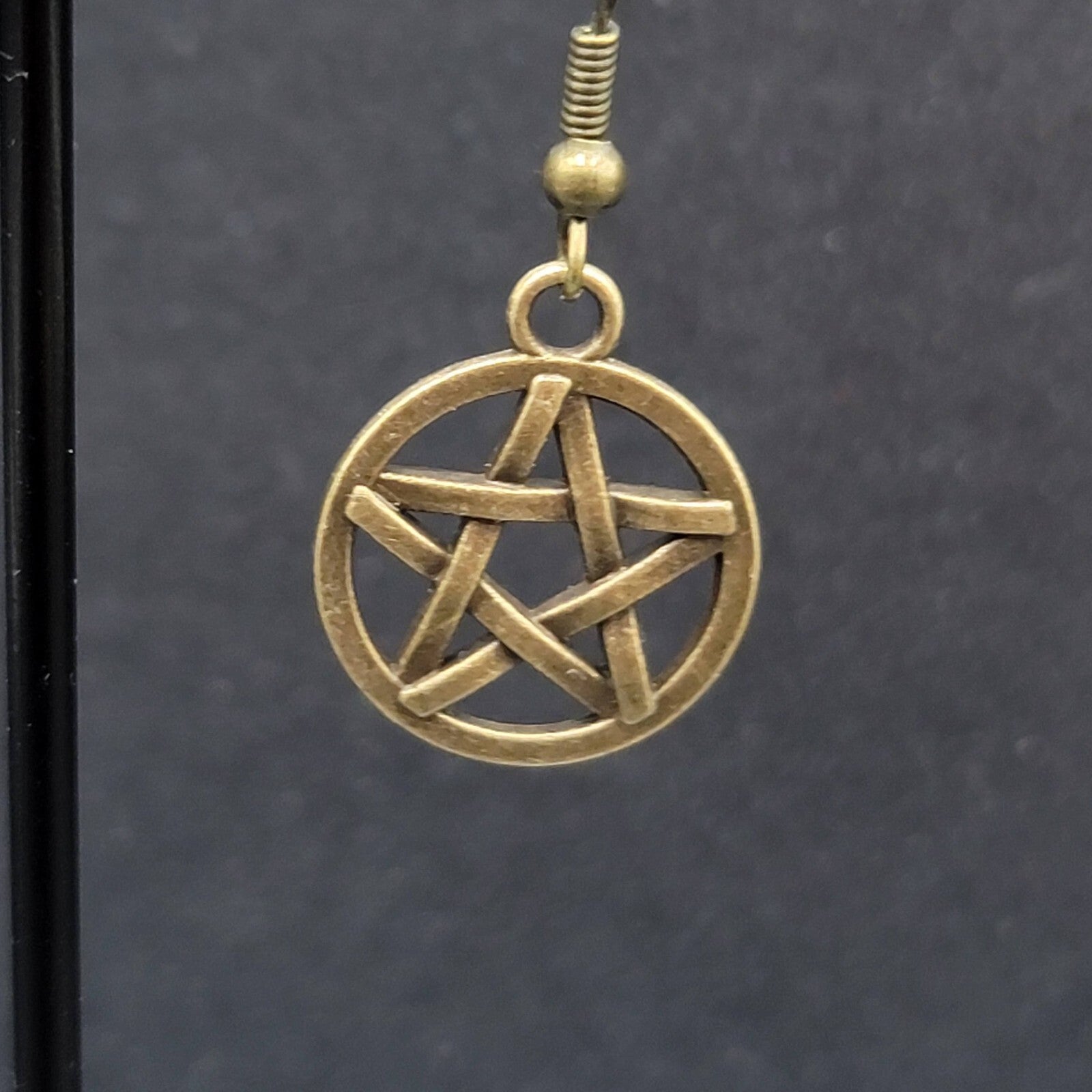 Pierced Earrings Bronze tone Round Pentacle Pentagram Dangle 3/4"