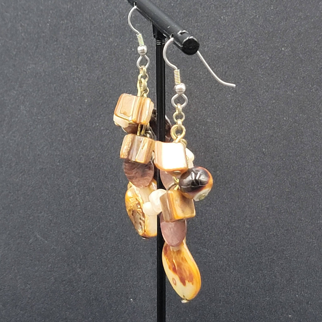 Pierced Earrings Brown Earth Tones Cluster Bead Shells 2.25"