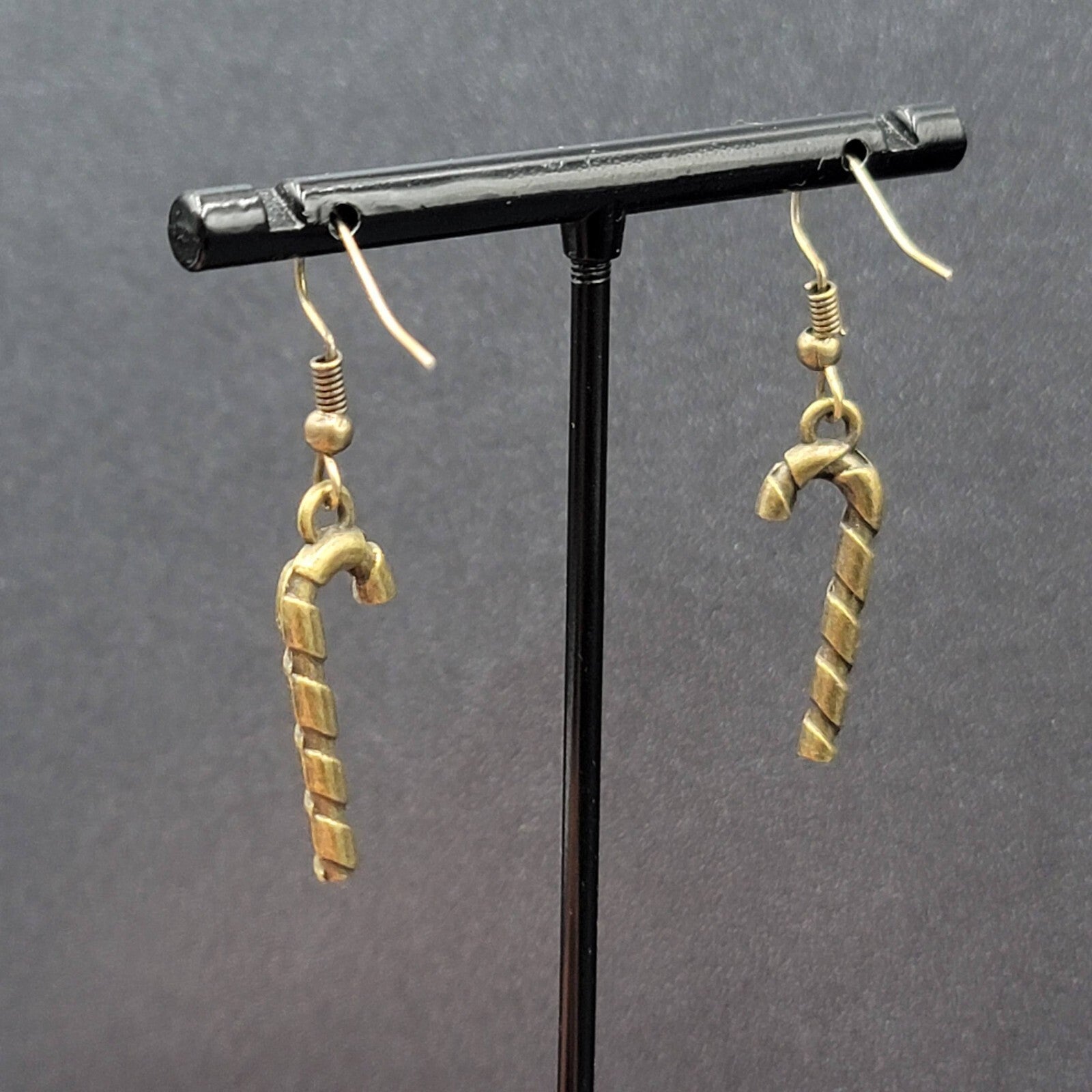Candy Cane Pierced Earrings Embossed Bronze tone Dangle 1"