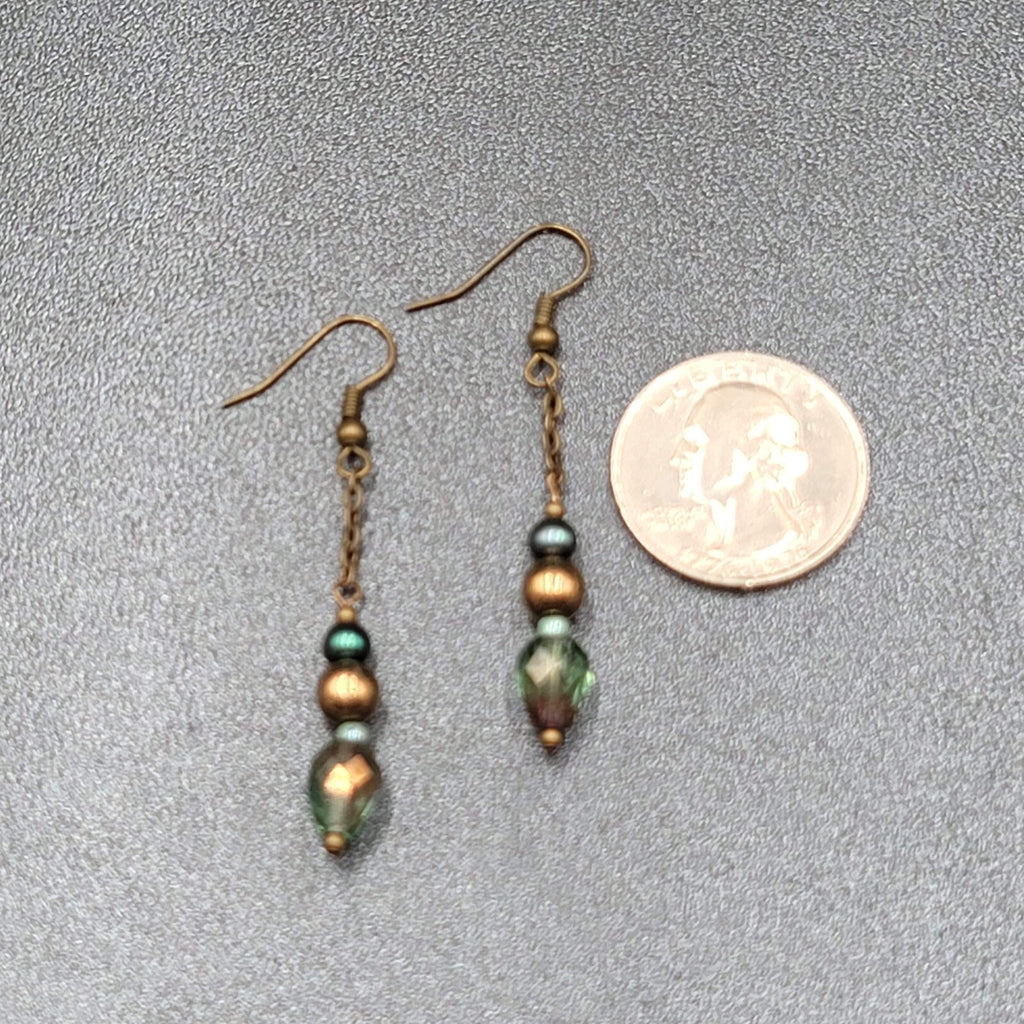 Pierced Earrings Bronze tone Metal Crystal Bead Dangle 1.5"