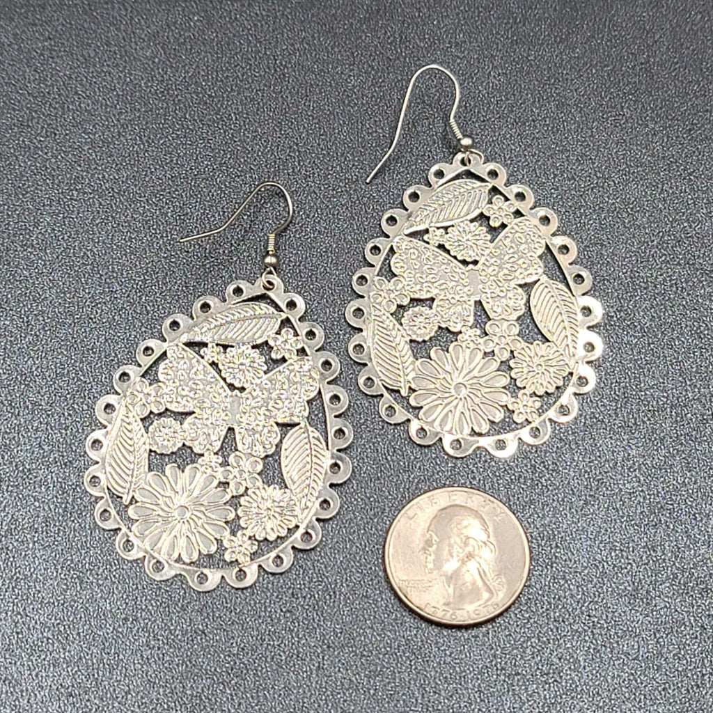 Pierced Earrings Large Silver tone Teardrop Butterfly Flowers Dangle 2.25"