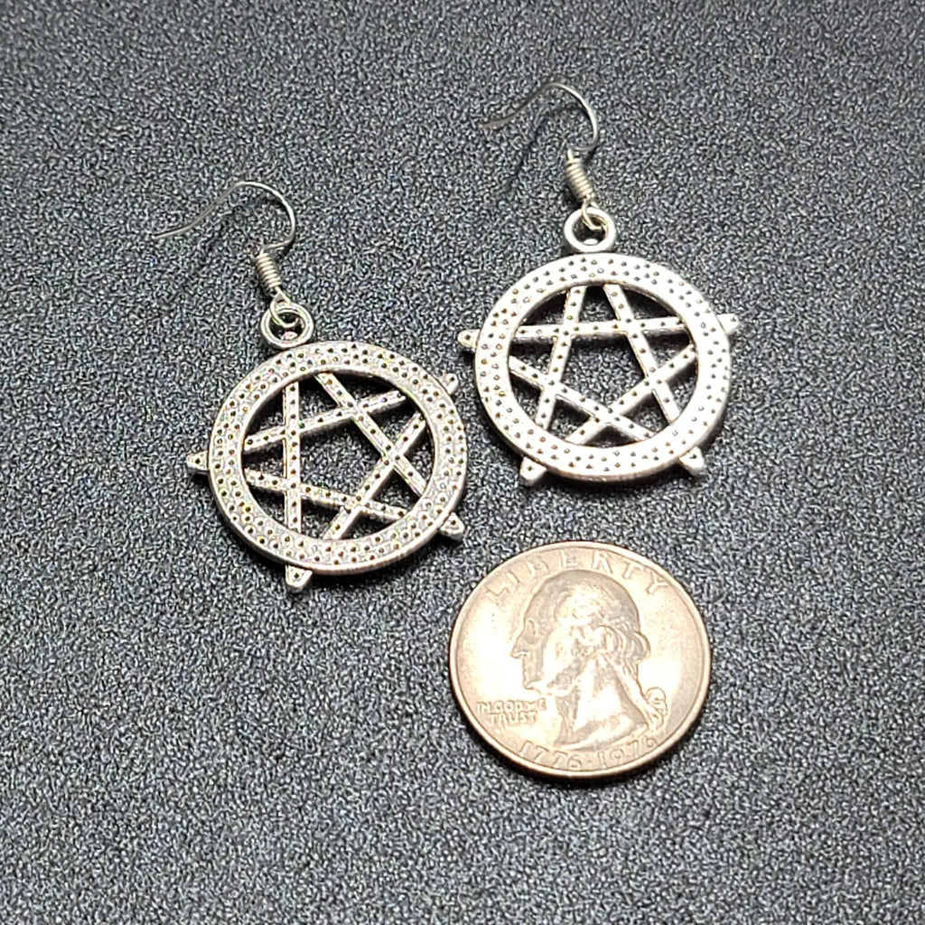 Pentacle Pierced Earrings Silver tone Witch Pentagram Dangle 1 1/8"