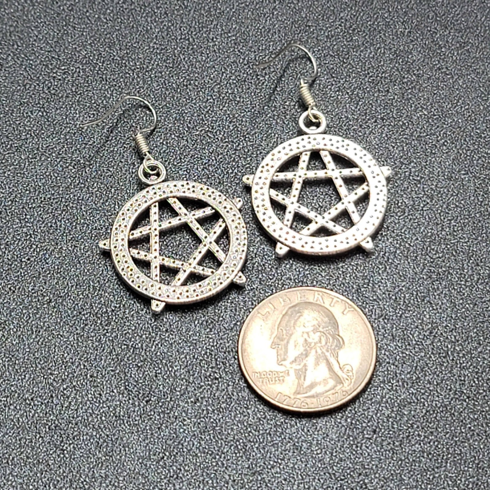 Pentacle Pierced Earrings Silver tone Witch Pentagram Dangle 1 1/8"