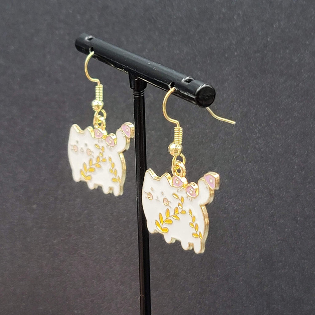 White Cat Pierced Earrings Gold tone Enamel Flowers Dangle 3/4"
