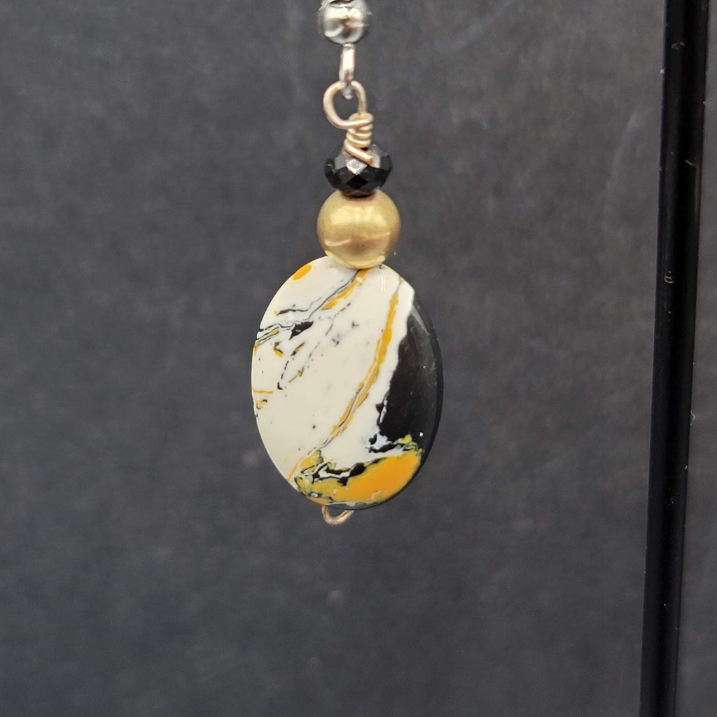 Pierced Earrings Silver tone Black White Yellow Art Glass Oval Bead Dangle 1.25"
