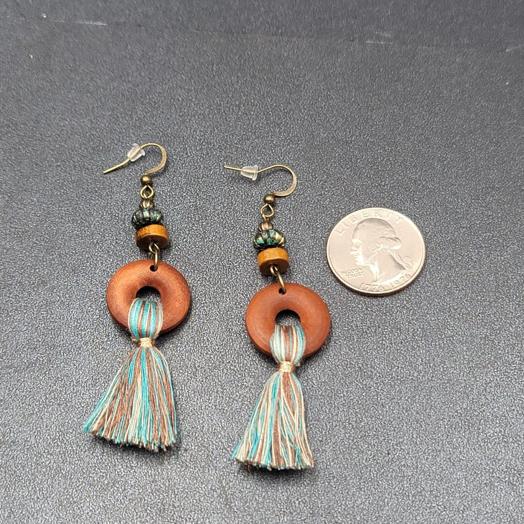 New Boho Pierced Earrings Wood Ring Blue White Tassel Beaded Dangle 2.75"