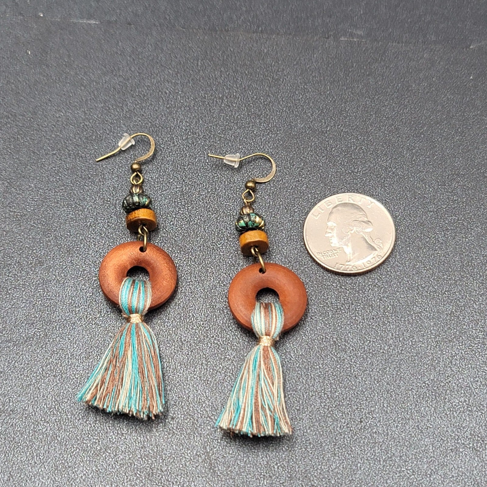 New Boho Pierced Earrings Wood Ring Blue White Tassel Beaded Dangle 2.75"