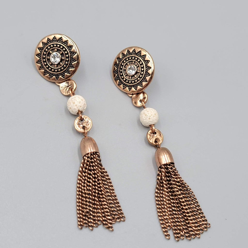 Pierced Earrings Copper tone Dangle Dangle Chains White Stone Bead 2.75"