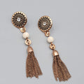 Pierced Earrings Copper tone Dangle Dangle Chains White Stone Bead 2.75"