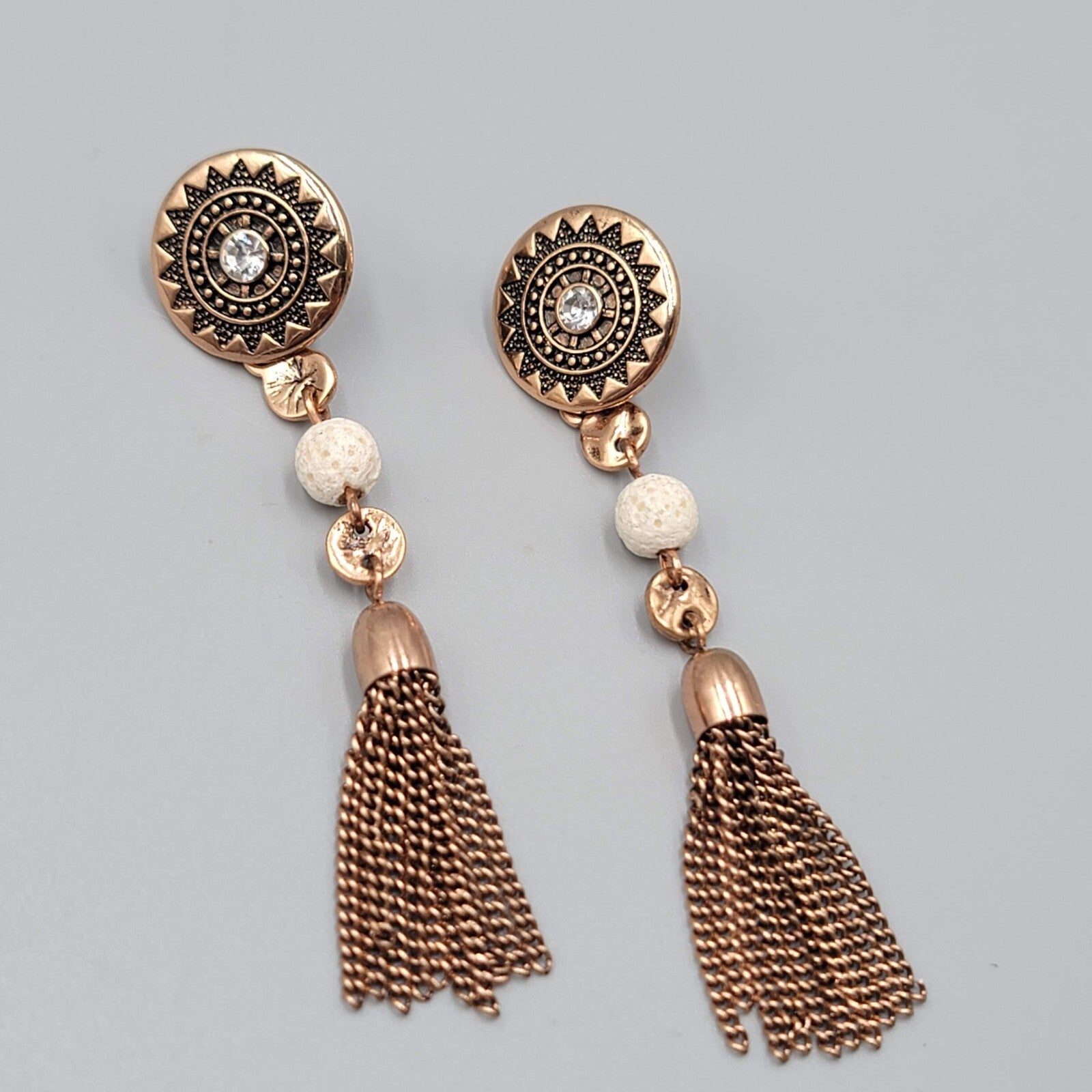 Pierced Earrings Copper tone Dangle Dangle Chains White Stone Bead 2.75"