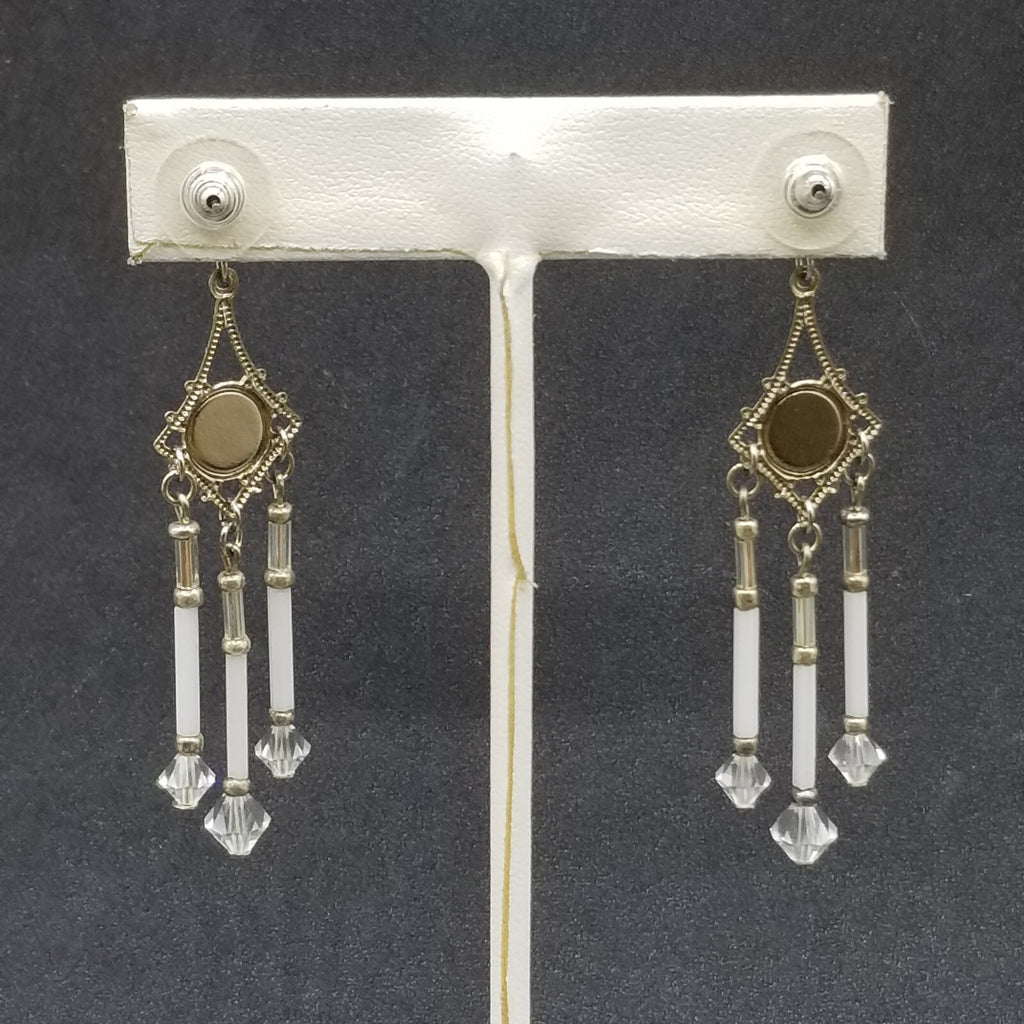Pierced Earrings Silver tone Open Work Whited Faceted Crystal Dangle 2 1/2"