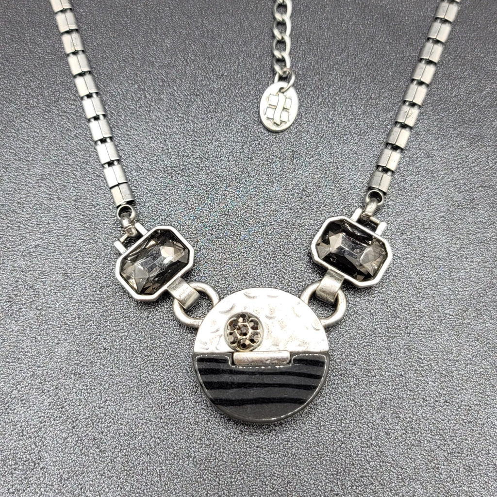 Silver tone Necklace Signed Unknown Brand Gray Black Glass Accents 17" - 19.5"