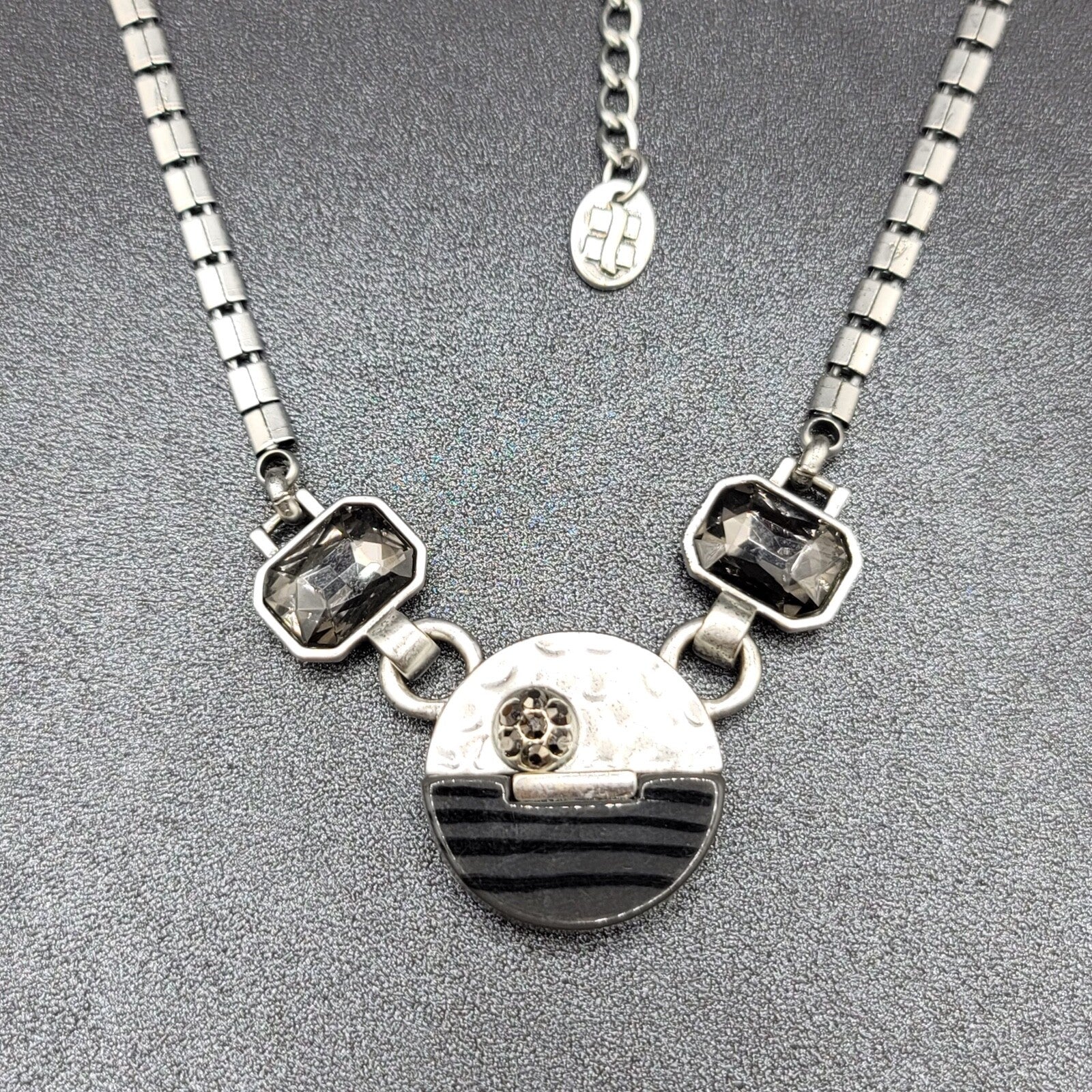 Silver tone Necklace Signed Unknown Brand Gray Black Glass Accents 17" - 19.5"