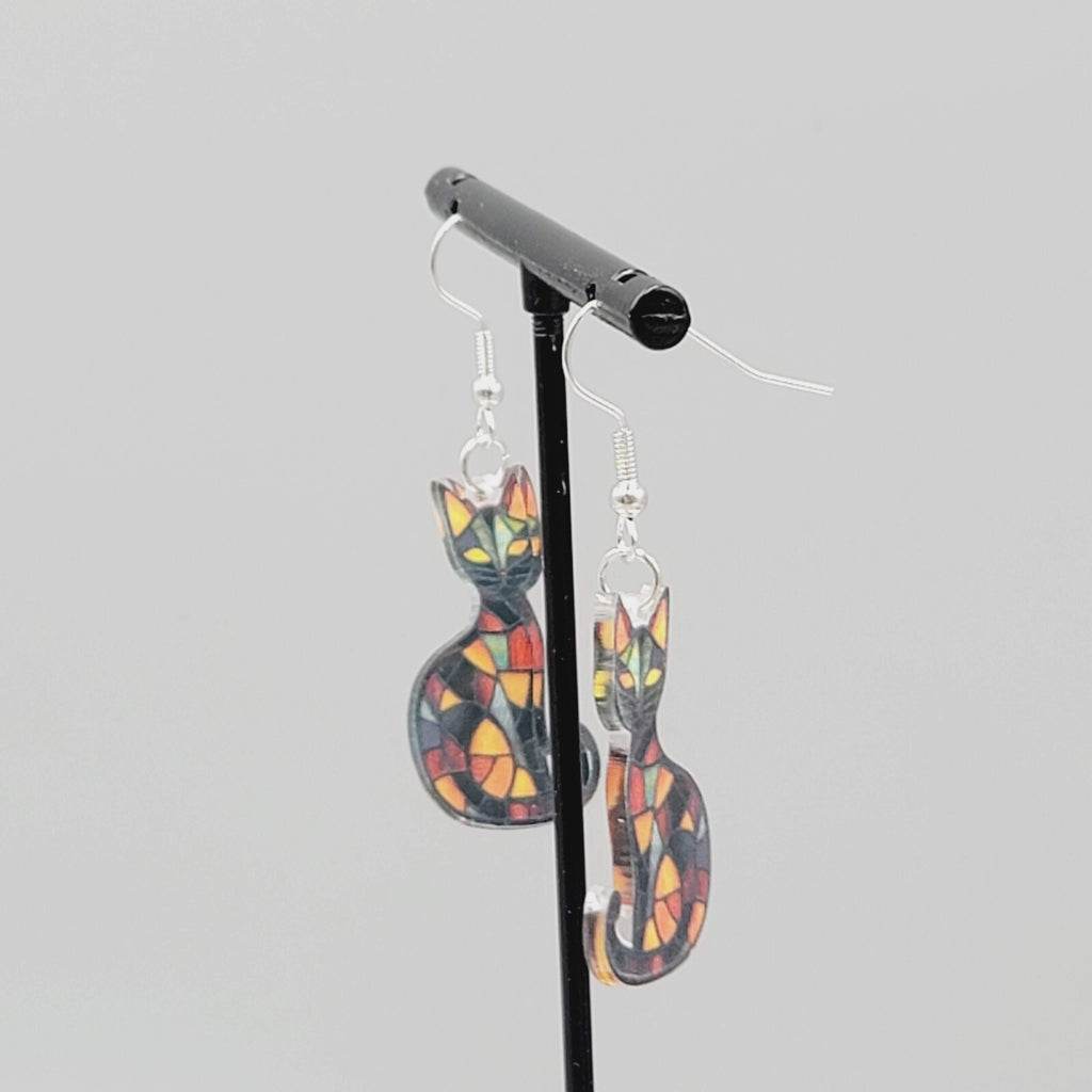 Black Kitty Cat Pierced Earrings Stained Glass Look Acrylic Dangle 1 3/8"