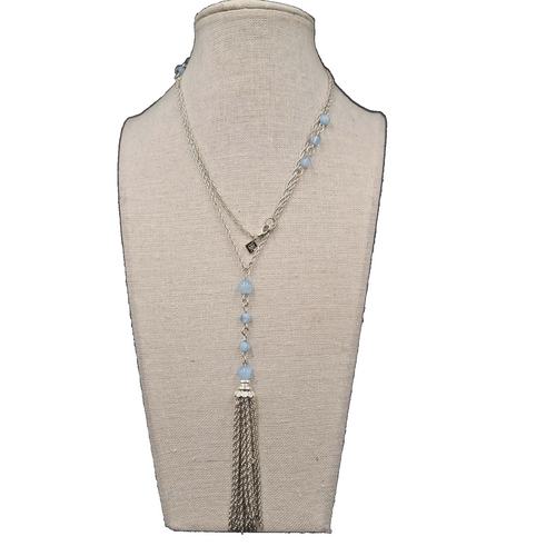 BR Banana Republic Necklace Blue Bead Chain Tassel Pendant Long 30"
