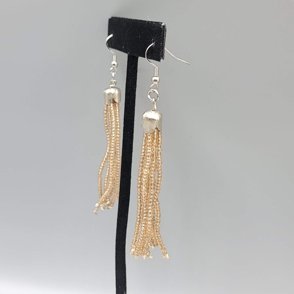 Tassel Pierced Earrings Silver tone Clear Tan Seed Bead Dangle 2.75"