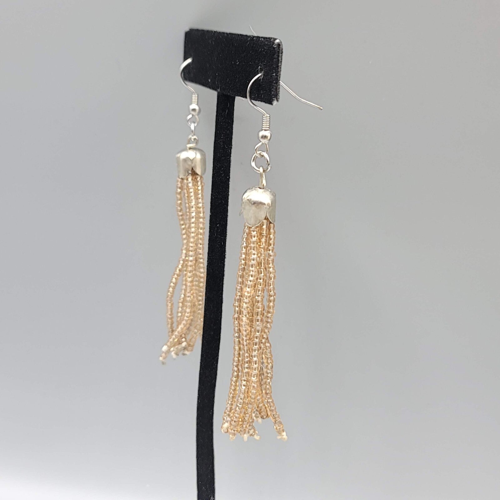 Tassel Pierced Earrings Silver tone Clear Tan Seed Bead Dangle 2.75"