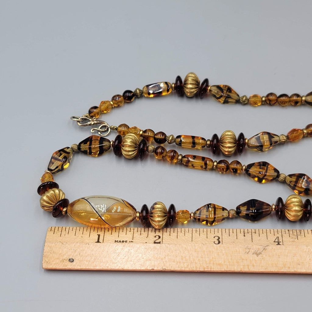 Brown Glass Bead Necklace Brass Bead 28"