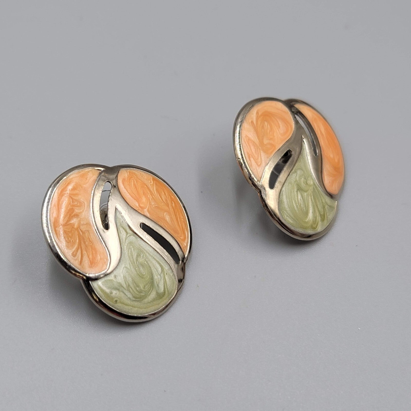 Vintage Pierced Earrings Silver tone Peach Sage Green Enamel Drop 1"