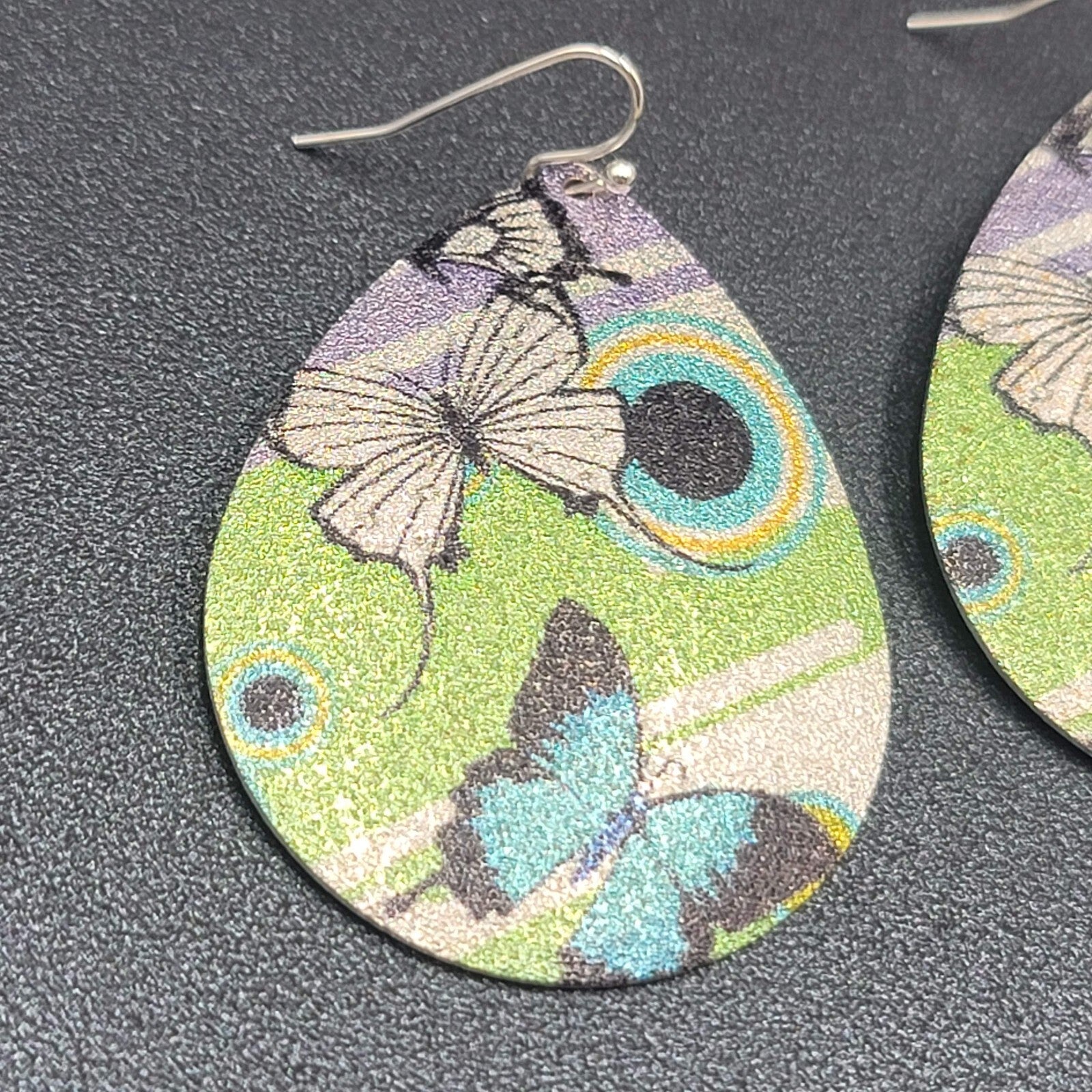 Pierced Earrings Silver tone Textured Butterfly  Teardrop Dangle 2"