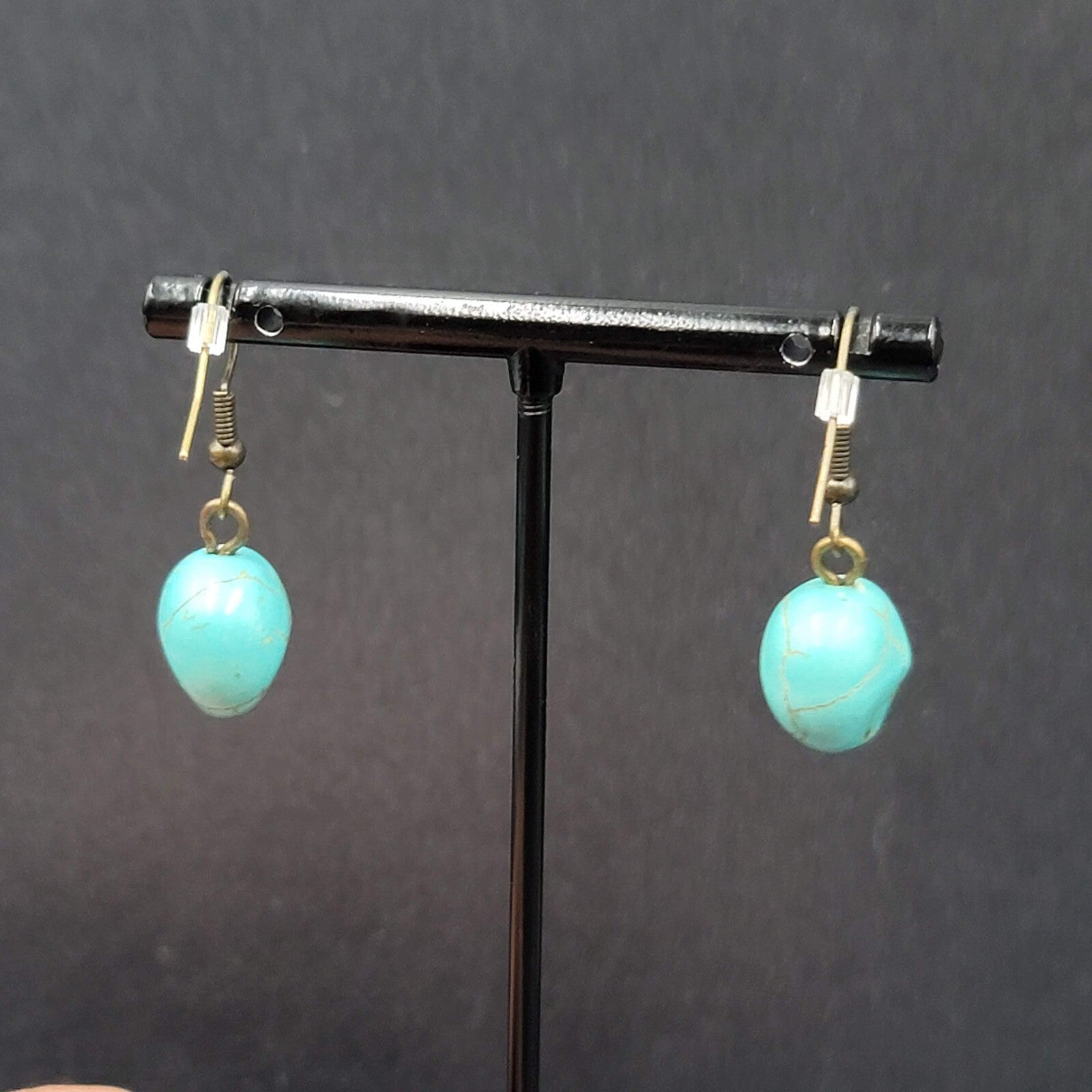 Skull Pierced Earrings Blue Howlite Stone Bead Dangle 3/4"